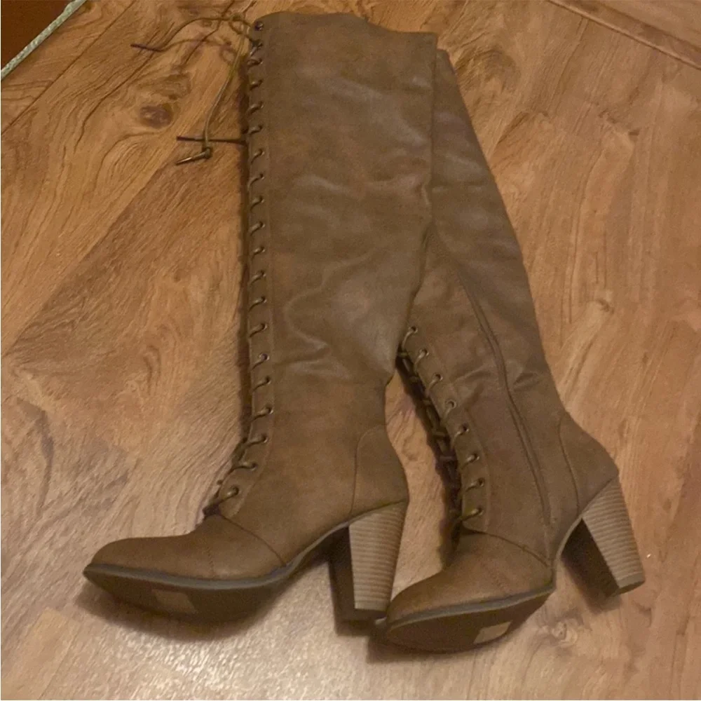 Brown lace up over the knee heeled boot winter fall boot high heeled boots